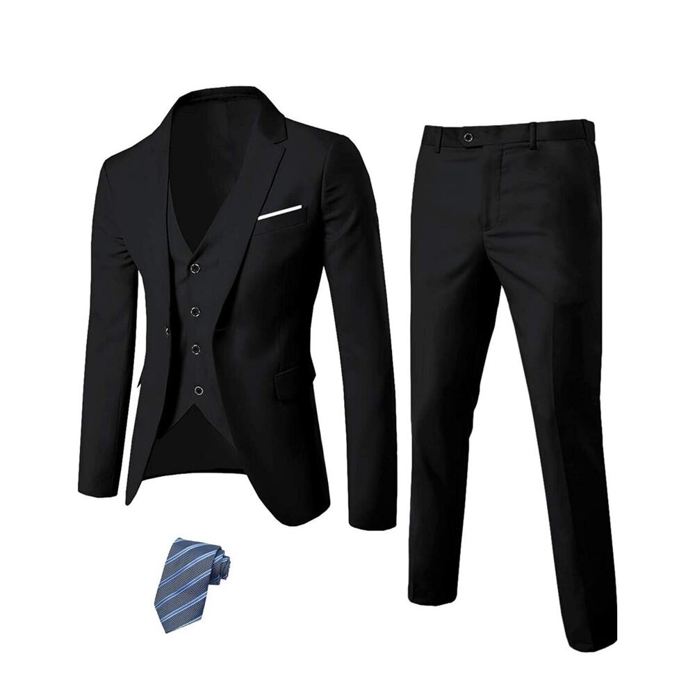 MYS Men's 3 Piece Slim Fit Suit Set, One Button Solid Jacket Vest Pants with Tie